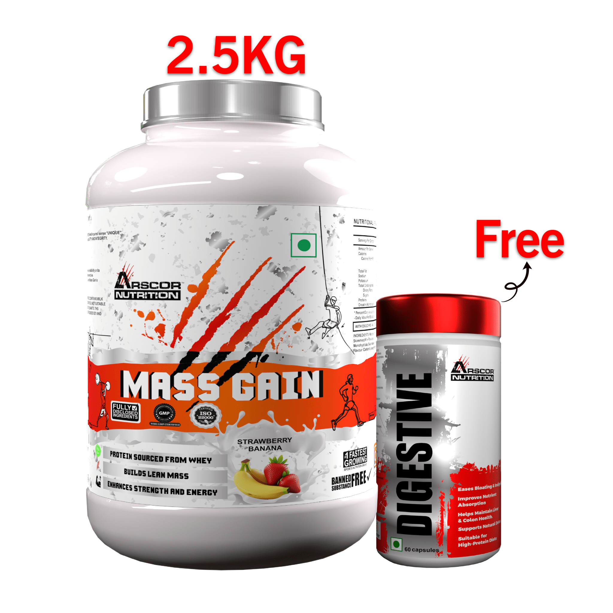 Arscor's Mass Gain Powder | Lean Protein Muscle Mass Gainer With L - Glutamine & Digestive Enzymes - Arscor Nutrition -